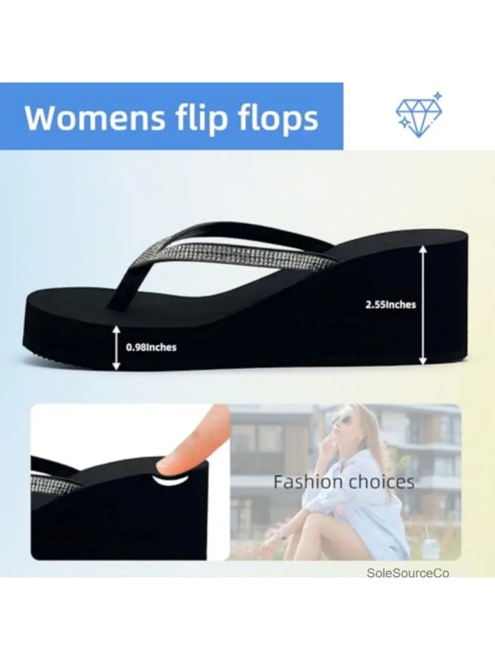 Women's Rhinestone Wedge Sandals Non-Slip Platform Flip Flops Cushioned Comfort